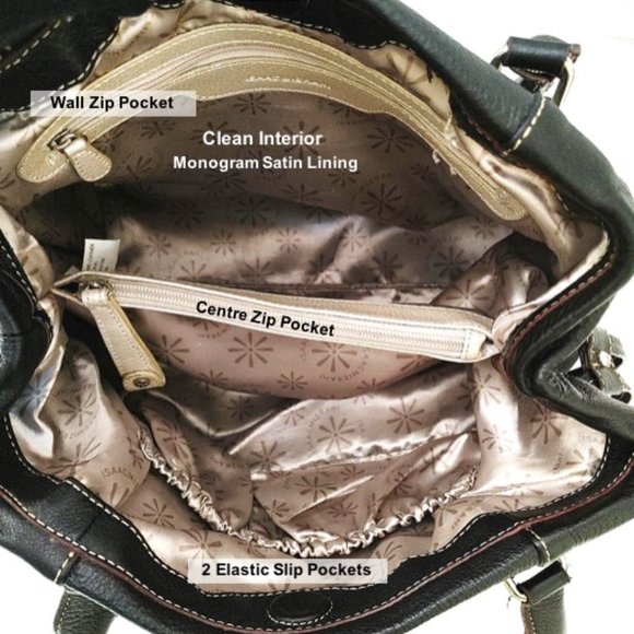 Isaac Mizrahi Black Leather Shoulder Bag Handbag Tote Satchel Magnet Drawstrings - Picture 9 of 13